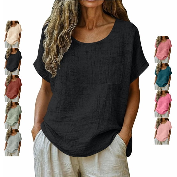 TGSLY Women's Scoop Neck Linen Tops Lightweight Thin Solid Color Short Sleeve Blouses Relaxed Fit Dressy Casual Summer Beach Gauze Shirts with Chest Pocket XXXL