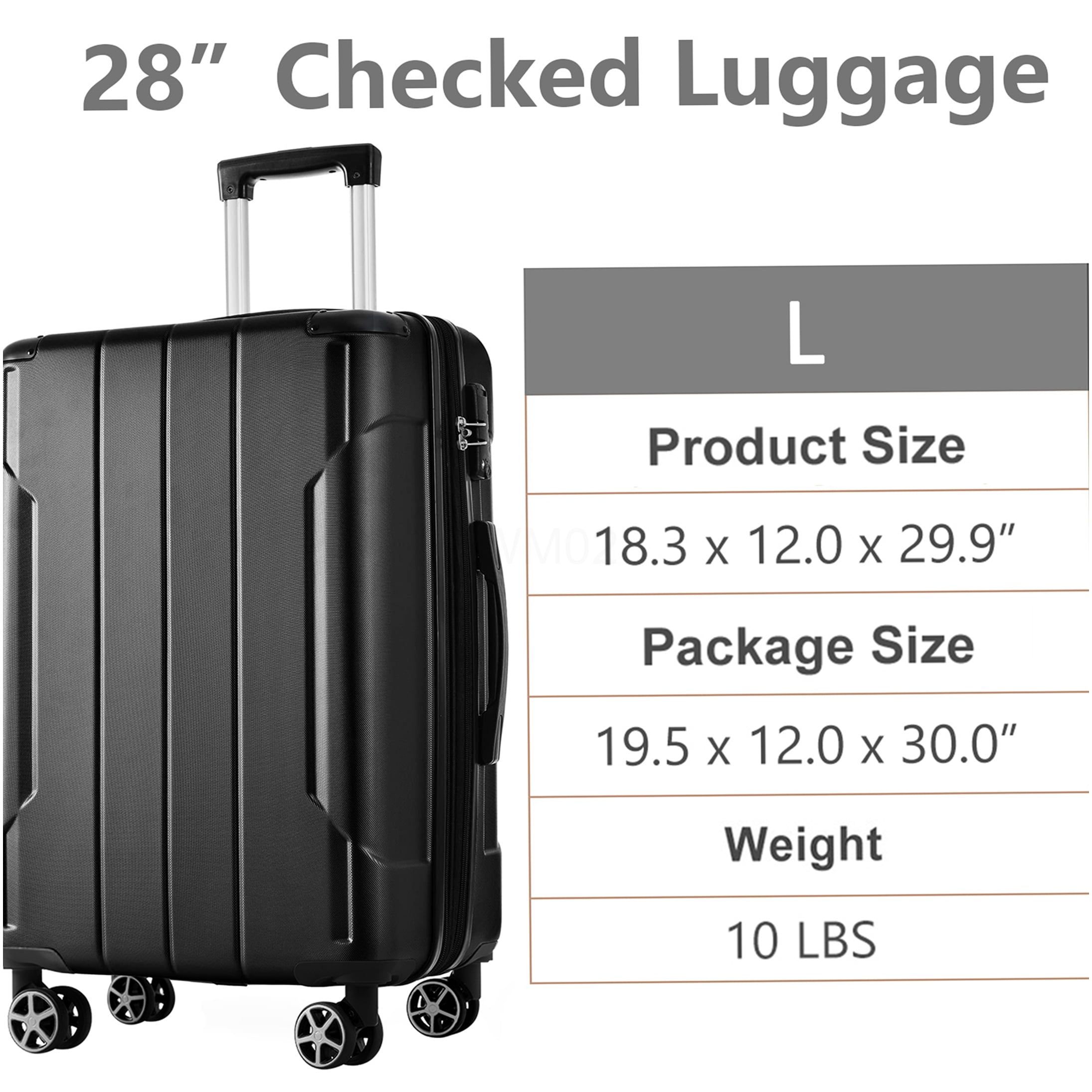 Black 28" Hardshell Luggage Suitcase: Lightweight ABS, Expandable, TSA Lock, Double Wheels. Ideal for Travel. Durable, Spacious Checked Bag.