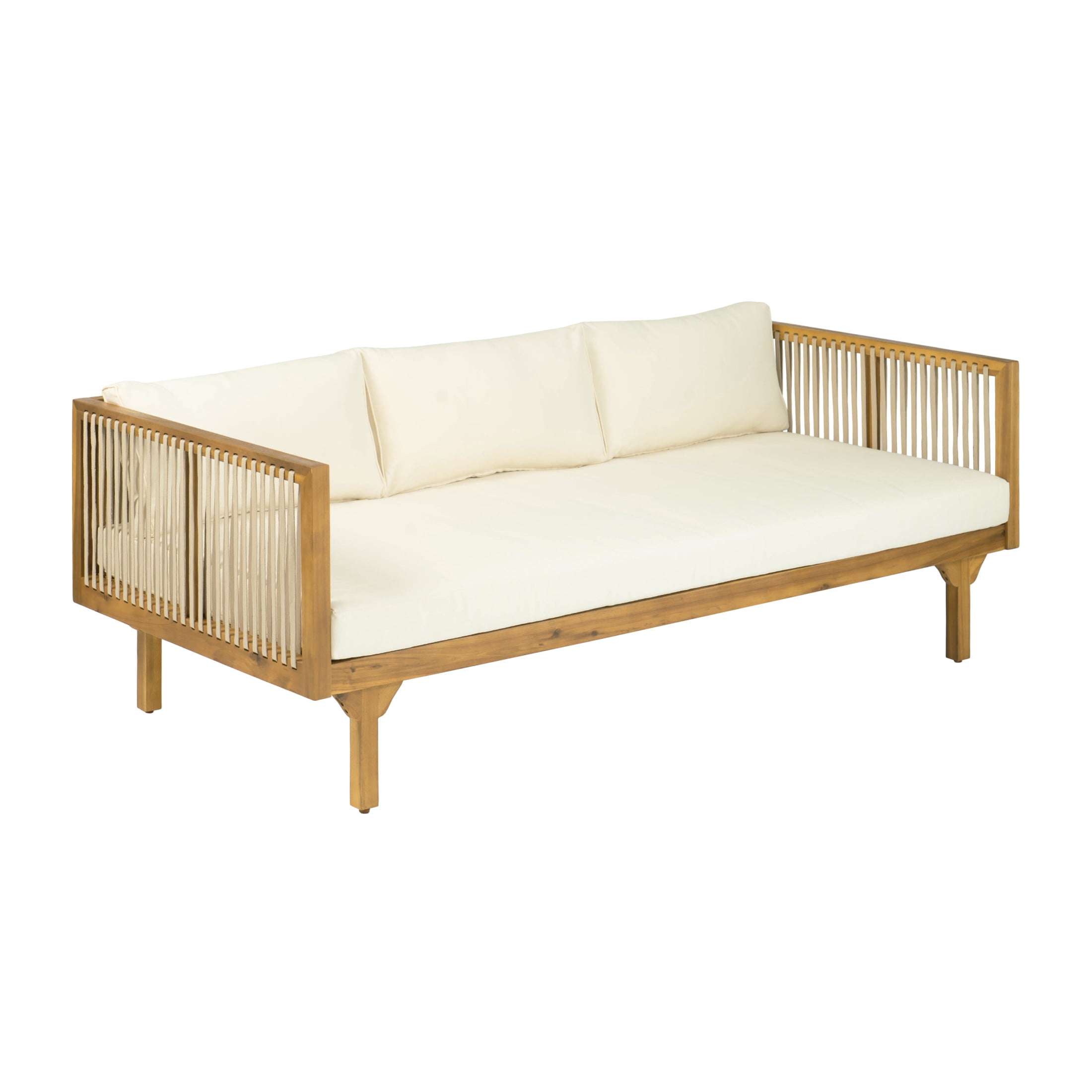 Christopher Knight Home 67.5" Outdoor Patio Acacia Wood Sofa with Light Brown Rope and Beige Cushions