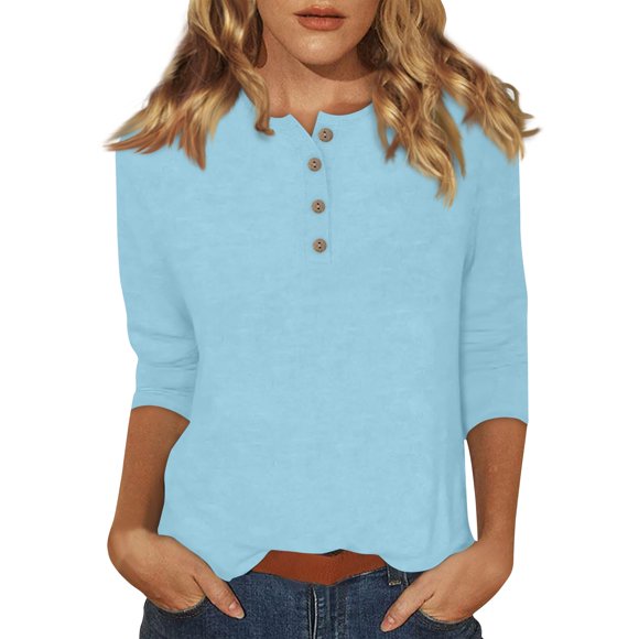 DENGDENG Hauts pour Femmes Hauts à Manches 3/4 T-Shirts en Coton Décontractés à Col Rond T-Shirts d'Été à Manches au Coude Tunique Boutonnée Hauts en Liquidation Chemises Trois Quarts Mode 2025 Vêtements Petite Bleu Clair TG