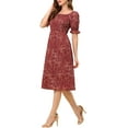 thumbnail image 3 of INSPIRE CHIC Robe d'Été pour Femme, Smockée, Florale, Encolure Carrée, Manches Courtes Bouffantes, Robe Midi, TG, Rouge Foncé, 3 of 6