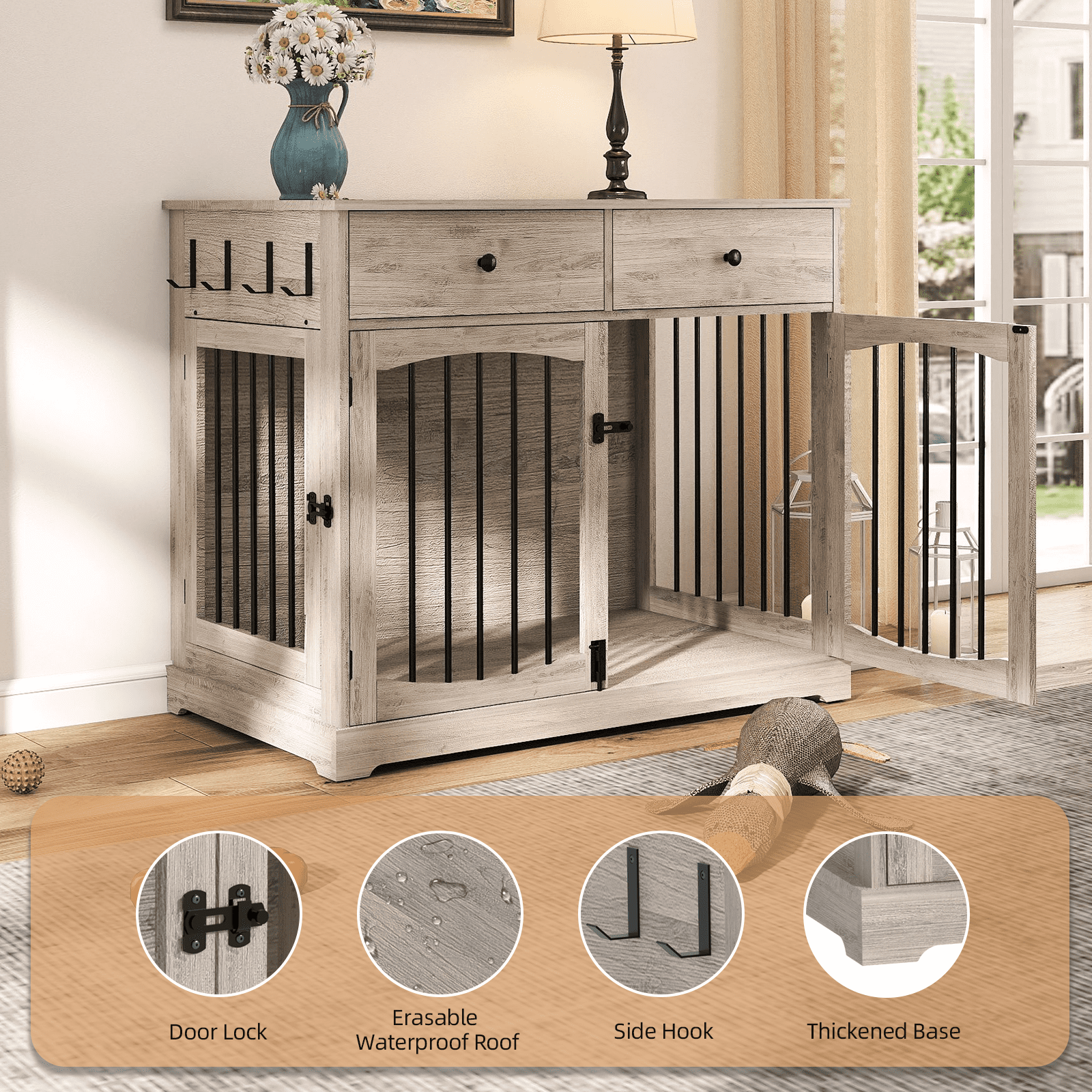 Flictozena 40 Inch Dog Crate Furniture - House Style Wooden Pet Kennel End Table with 2 Doors & Storage Drawers for Indoor Large Dogs, Gray
