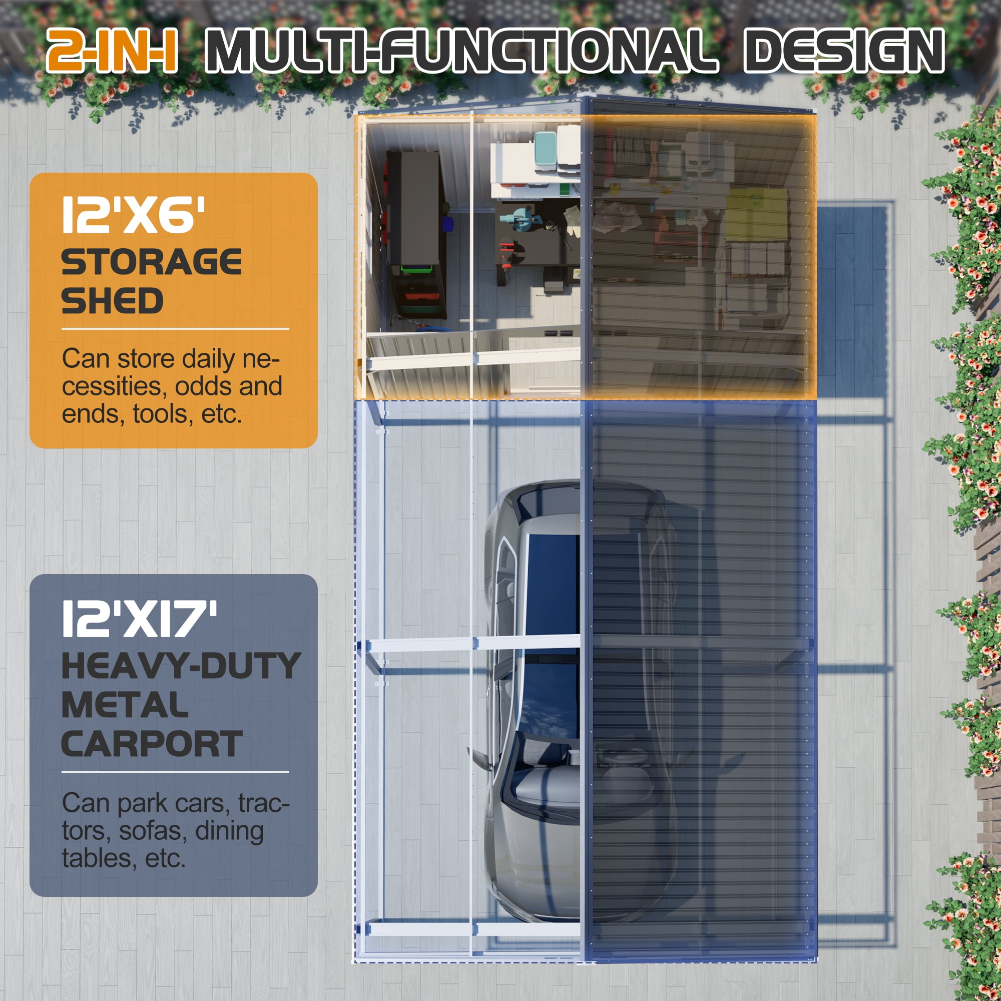 DTTRA 12x23 FT Metal Carport and Storage Shed Combo, Heavy Duty Steel Garage Shelter with Sliding Door, UV Panel, Air Vents & Sloped Roof for Car, Boat and Tractor, Gray