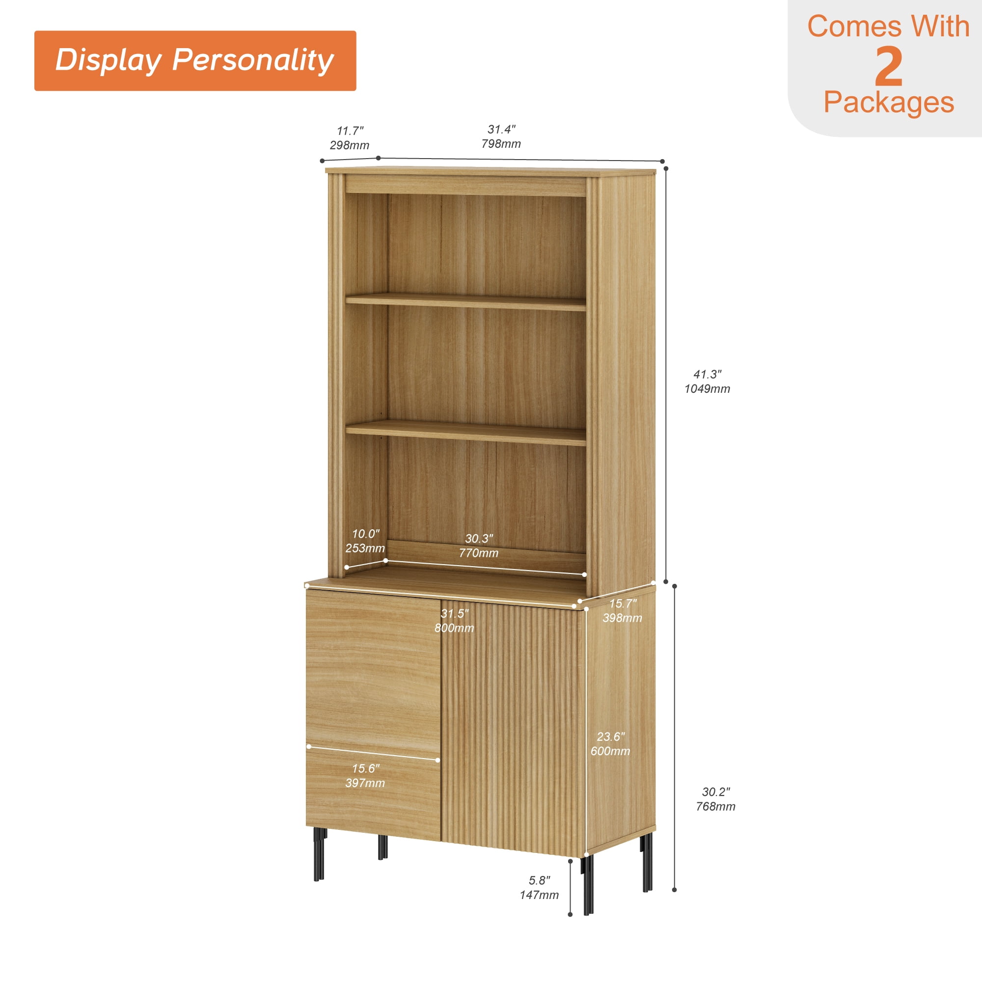 71.6" Tall Modern 5 Tier Bookcase with Storage Cabinet, Wooden Display Cabinet with Fluted Doors and Adjustable Shelves, Versatile Bookshelf for Living Room, Study, Office