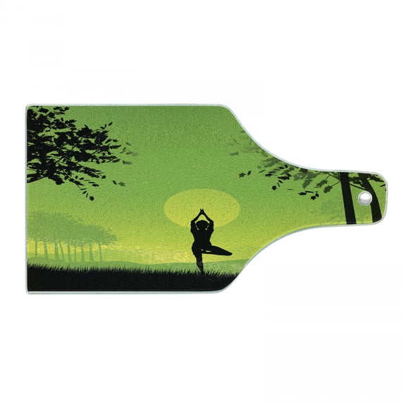 Yoga Cutting Board, Meditating Lady Under Sunset Sky in Forest Serenity Balance Soul Nature Art, Tempered Glass Cutting and Serving Board, Wine Bottle Shape, Green Black Yellow, by Ambesonne
