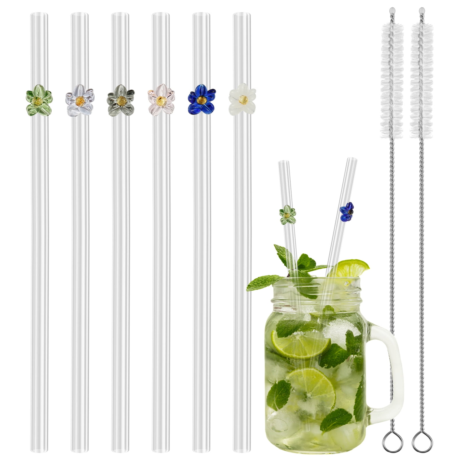 7 Pack Reusable Colored Flower Glass Straws with Cleaning Brushes Durable  Thick