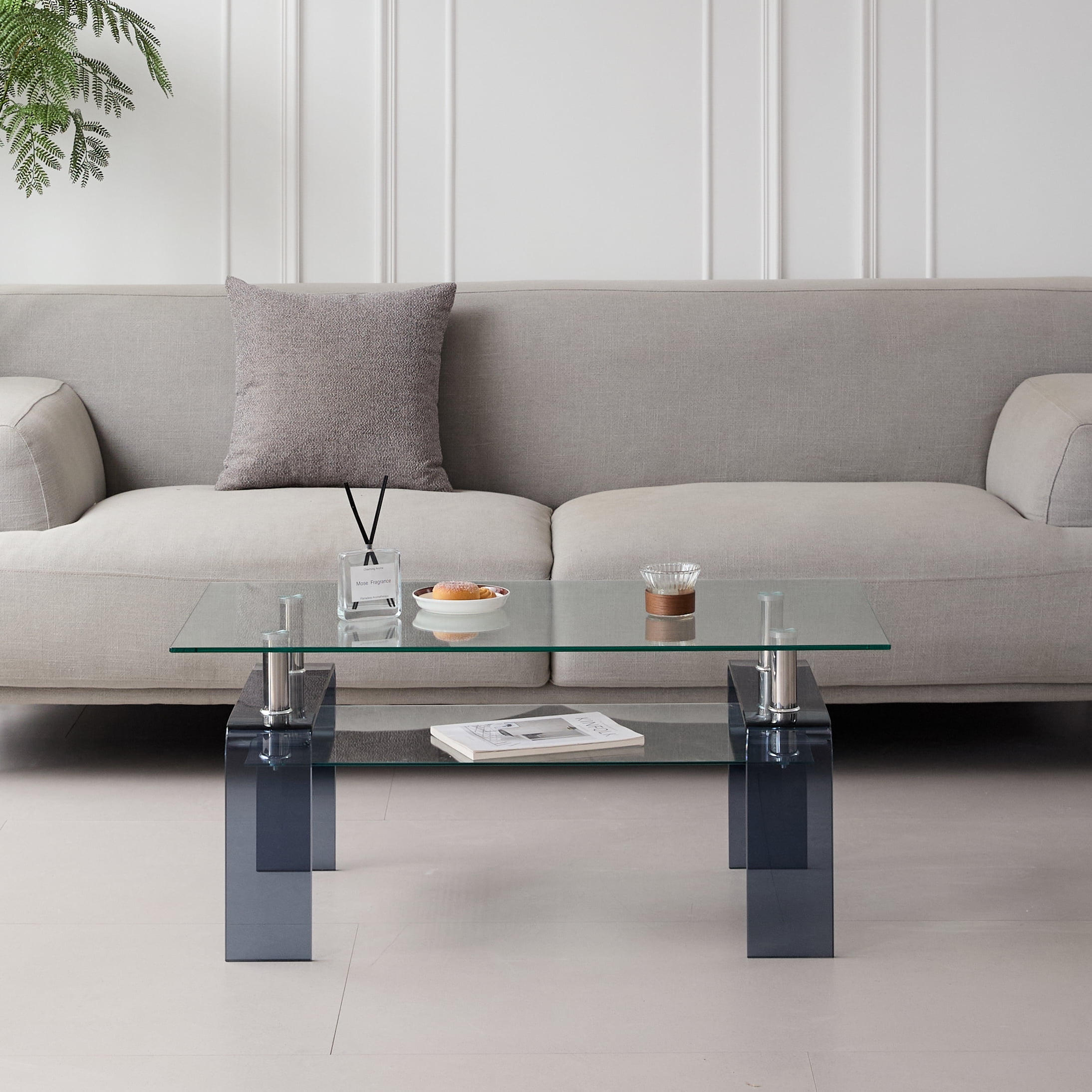 MAYEERTY Tempered Glass Coffee Table, Modern Glass Coffee Table for Living Room, 2-Tier Storage Center Coffee Table with Smoke Legs