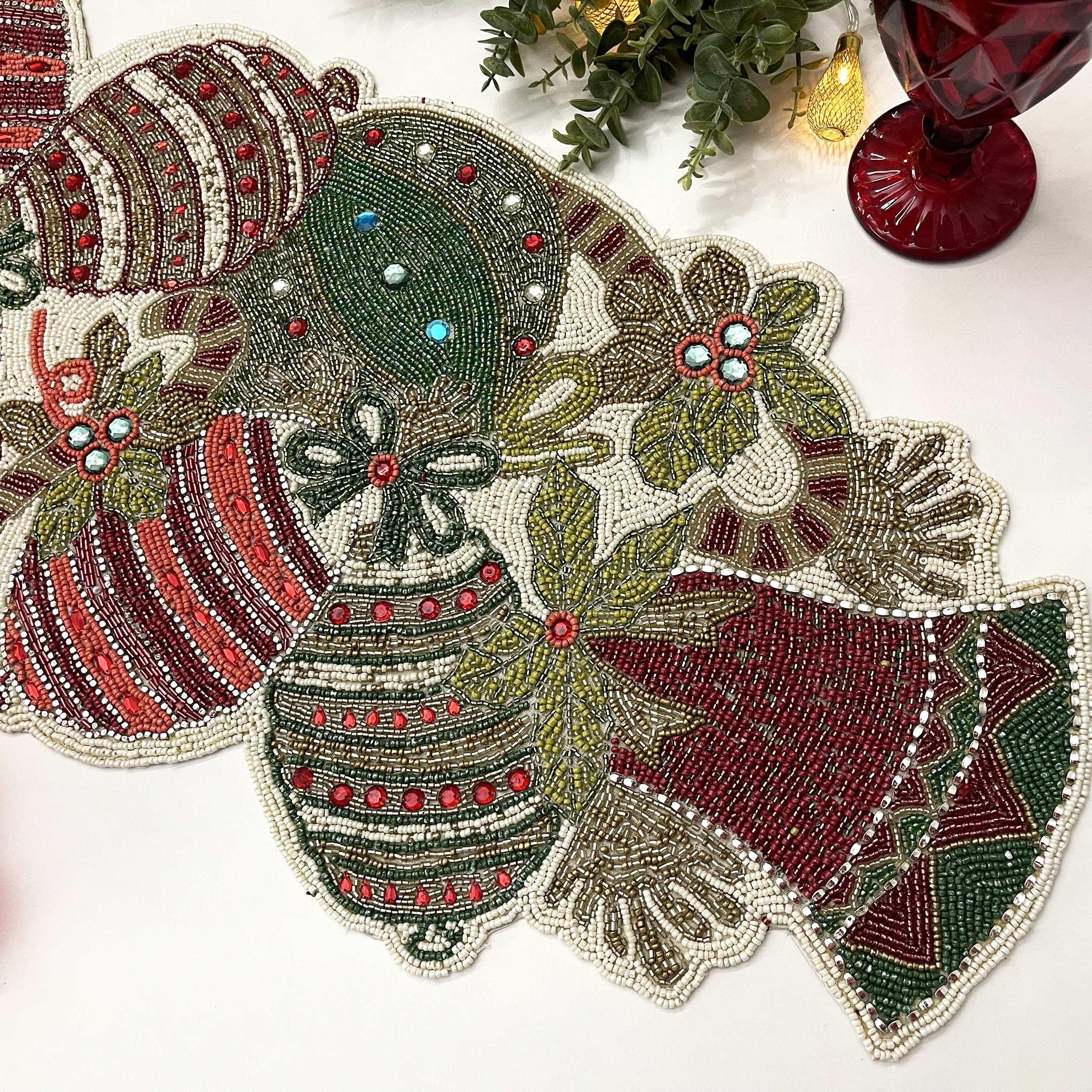 Handmade Christmas table runner, beaded runner, centerpiece multi colour, 13x36inch