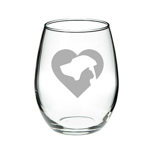 Cat Dog Heart Stemless White Wine Glass Set of 4
