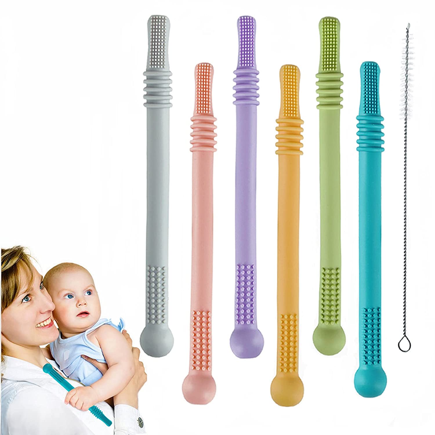 6 Pack Hollow Teether Tubes, Silicone Baby Teether Toys, Chew Straws