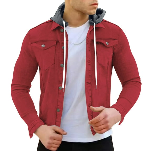 Fgnfyis Jacket for Men Spring Autumn Fashion Leisure Solid Color Buckle Lapel Slim Denim Jacket Coat Top Blouse Hooded Mens Winter Coat Red M