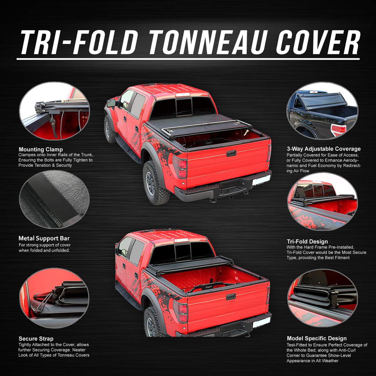 DNA Motoring Waterproof Tri-Fold Soft Tonneau Cover for 2004-2015 Nissan Titan 6'7" Truck Bed