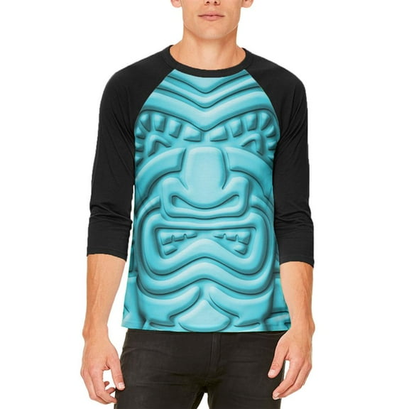 Tiki God Blue Face Luau Mens Raglan T Shirt White-Black SM