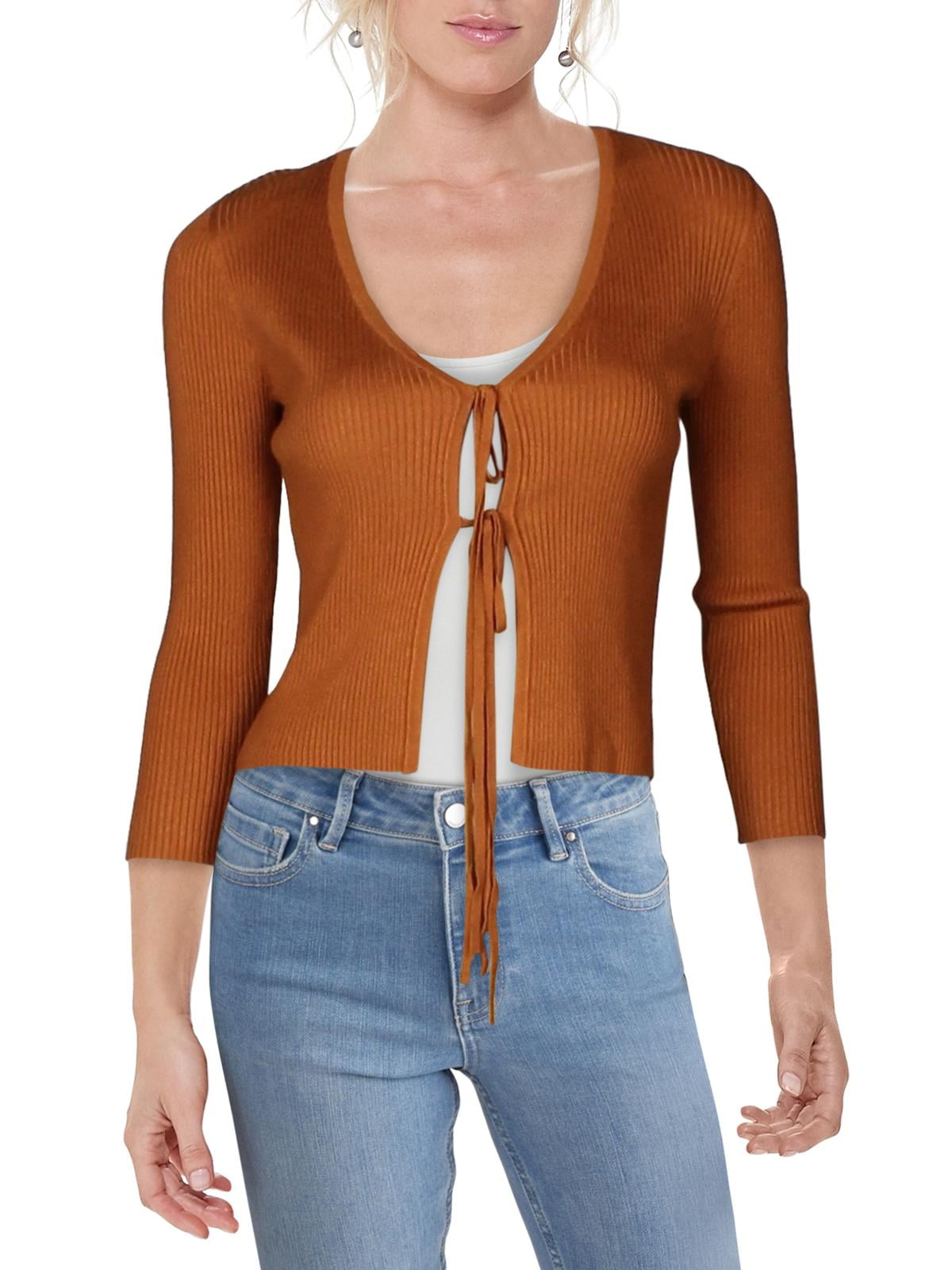 Front Cropped Cardigan Sweater Brown 