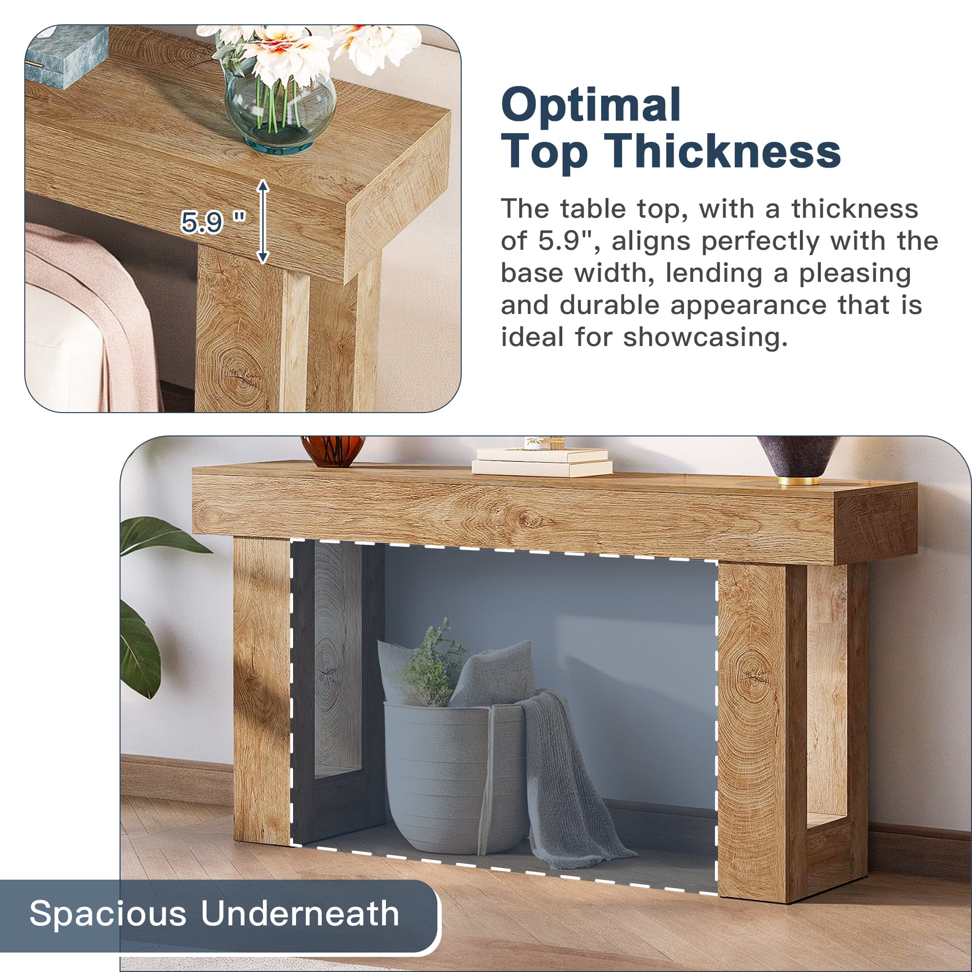 Demi Bonn 63" Console Table, Farmhouse Wooden Sofa Table Entryway Table for Hallway, Entrance, Living Room, Bedroom, Light Brown