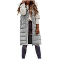 thumbnail image 4 of Women's Long Puffer Vest Hooded Sleeveless Zip Up Button Down Solid Color Winter Coat with Pockets Gray 2XL, 4 of 9
