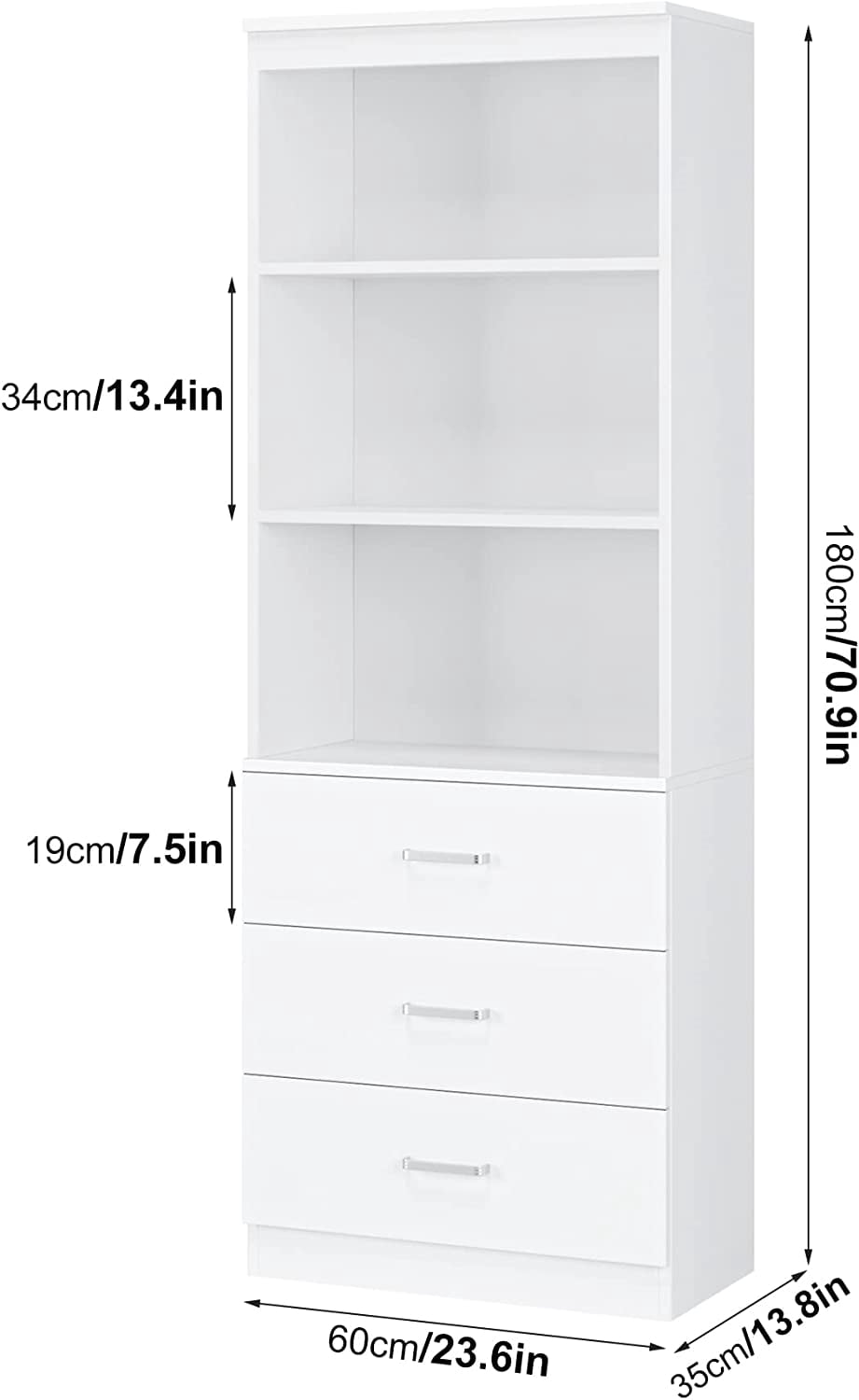 Homfa 71 Tall Bookcases with 3 Large Drawers 3 Tier Wooden Storage Bookshelf for Living Room Home Office White