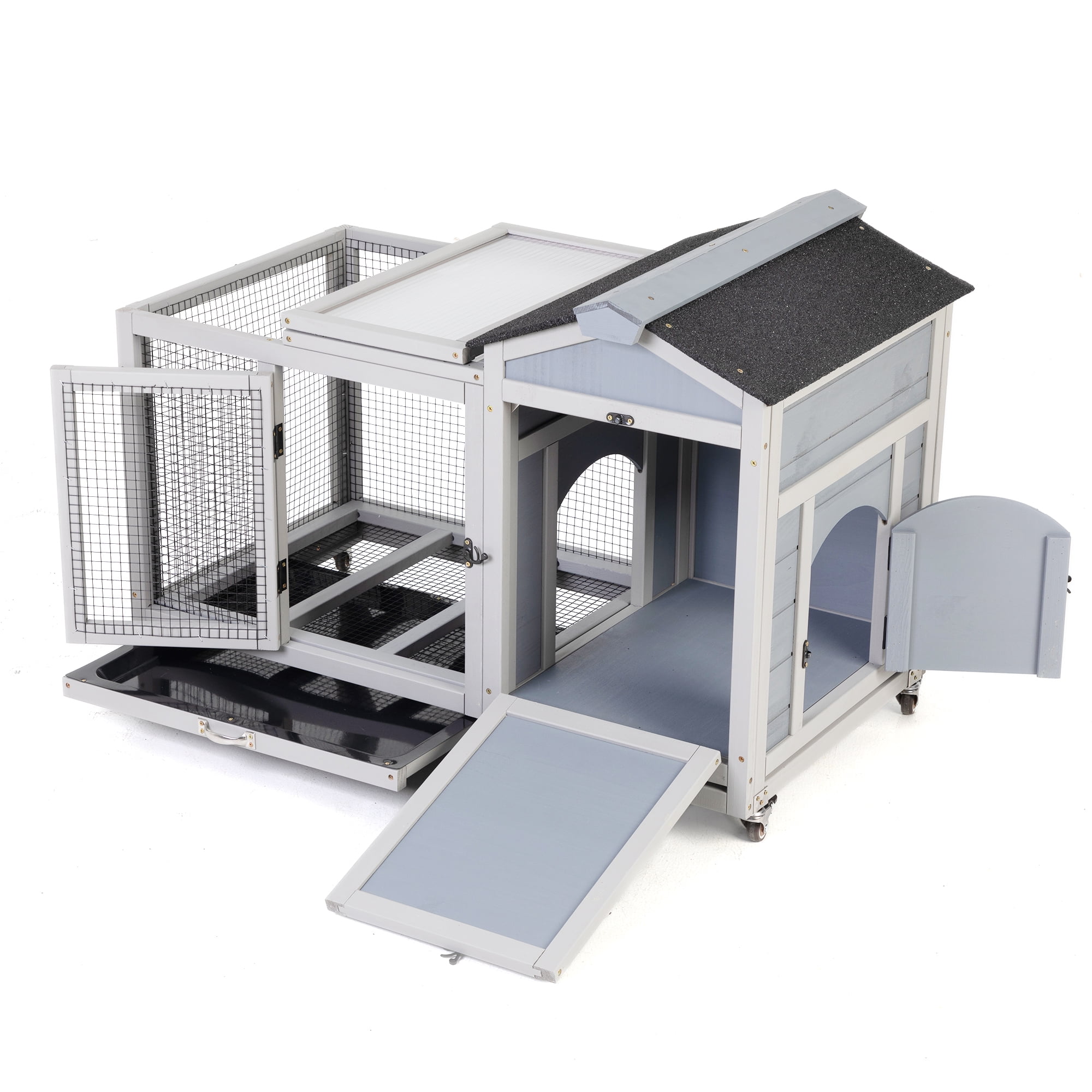 Pefilos 38.6" Outdoor Wooden Rabbit Hutch with Wheels, Guinea Pig Hutch with Run, Doors, Sunlight Roof, No Leaking Tray, Indoor Pet Cages for Small Animals, Gray