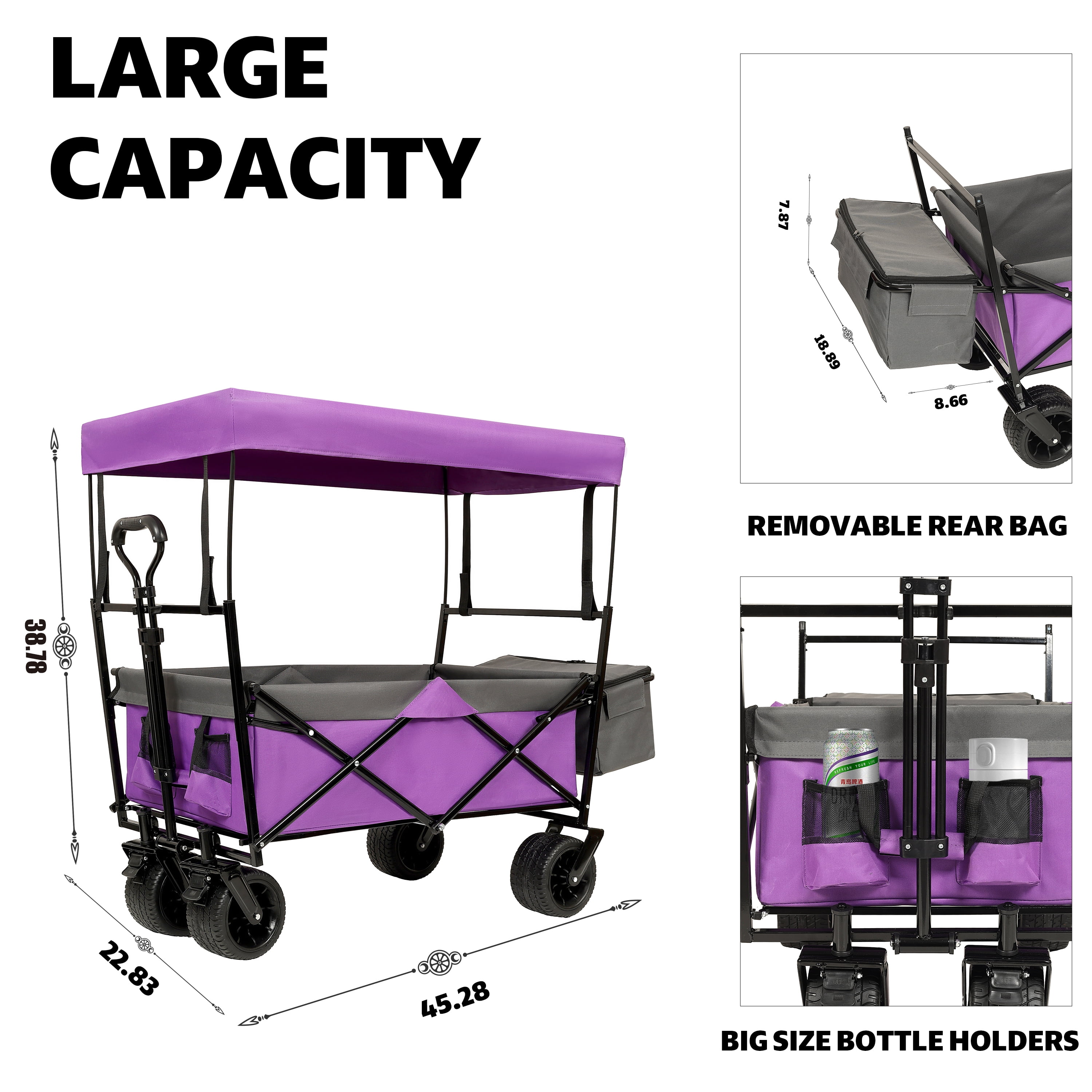 Kumix 480Lbs Collapsible Wagon with Canopy, Wagon Stroller with 7" All-Terrain Wheels, Mosquito Net, Lightweight Foldable Wagon, Large Capacity for Camping, Shopping, Sports, and Garden Use, Purple