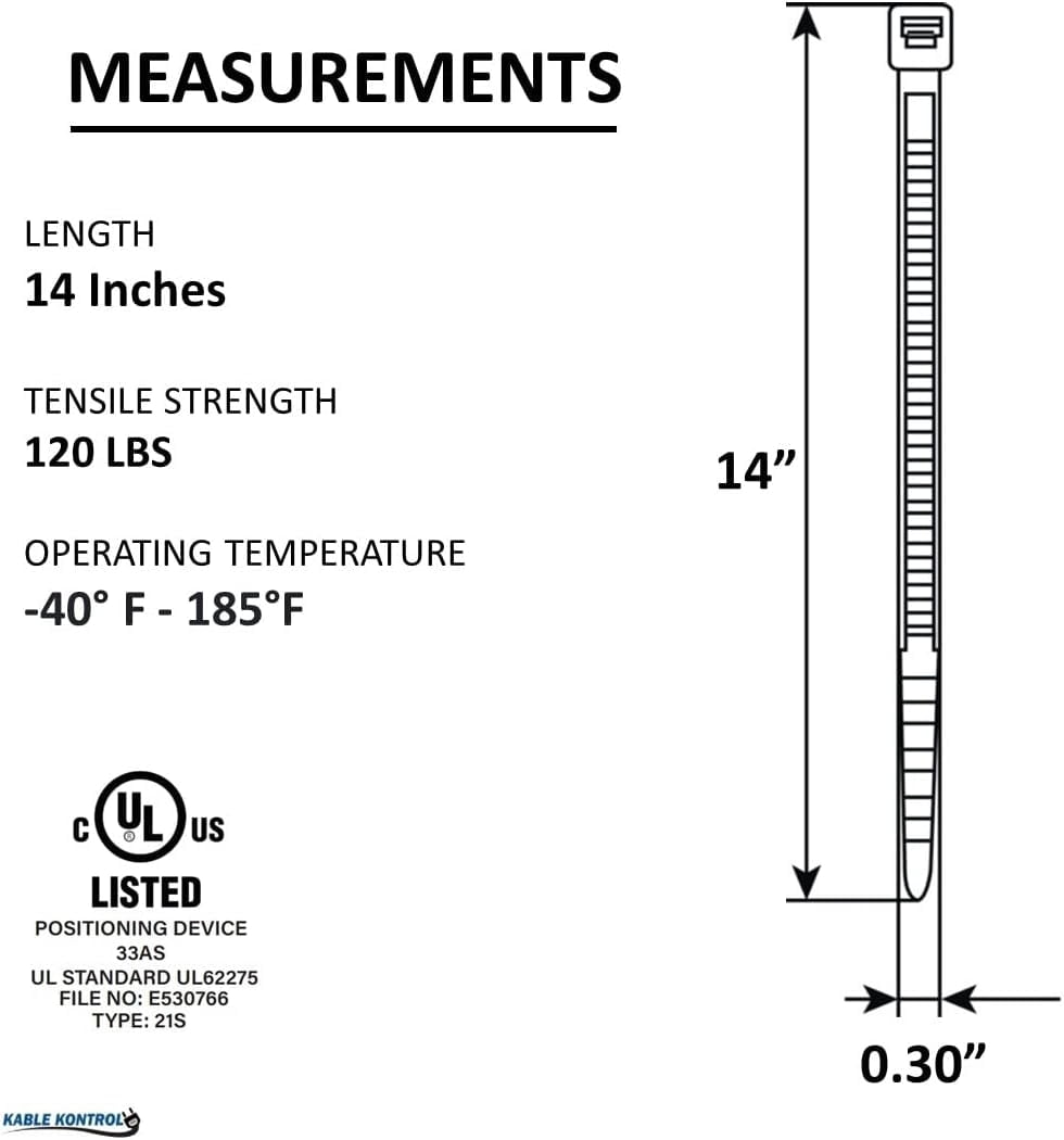 Kable Kontrol Zip Ties - 14" Long - 100 Pc Pk - Gray - Nylon - 120Lbs Tensile Strength