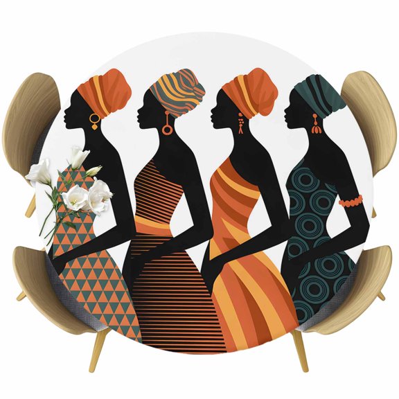 Black Women Round Tablecloth, Fitted Table Cover with Elastic for 55"-60" Round Tables, Abstract Art Nation Orange Geometric Tribal Table Cloth Outdoor Indoor Dinning Party Waterproof Tablecloths