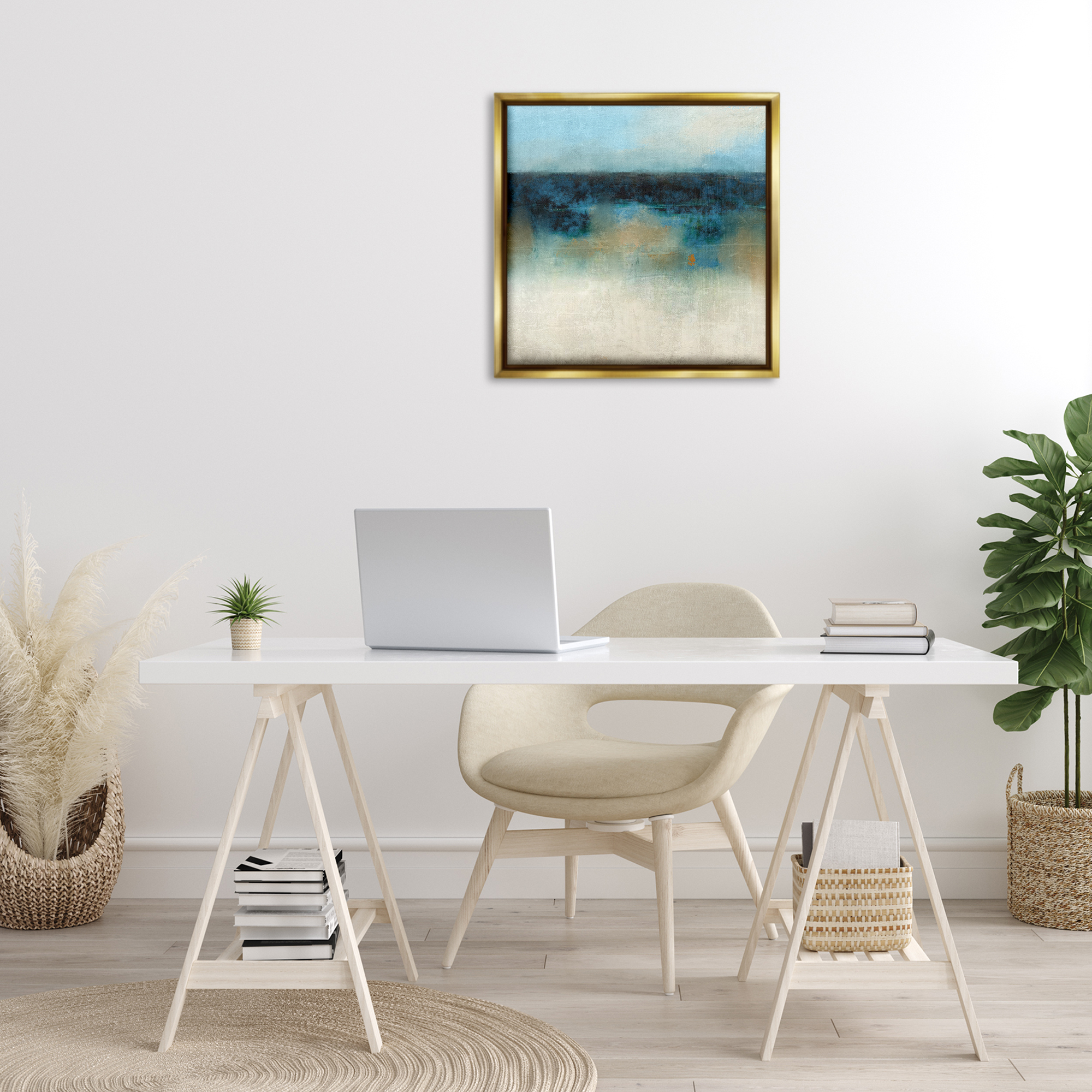 Stupell Industries Foggy Ocean Beach Scene Coastal Painting Gold Floater Framed Canvas Art Print Wall Art, 25 x 25
