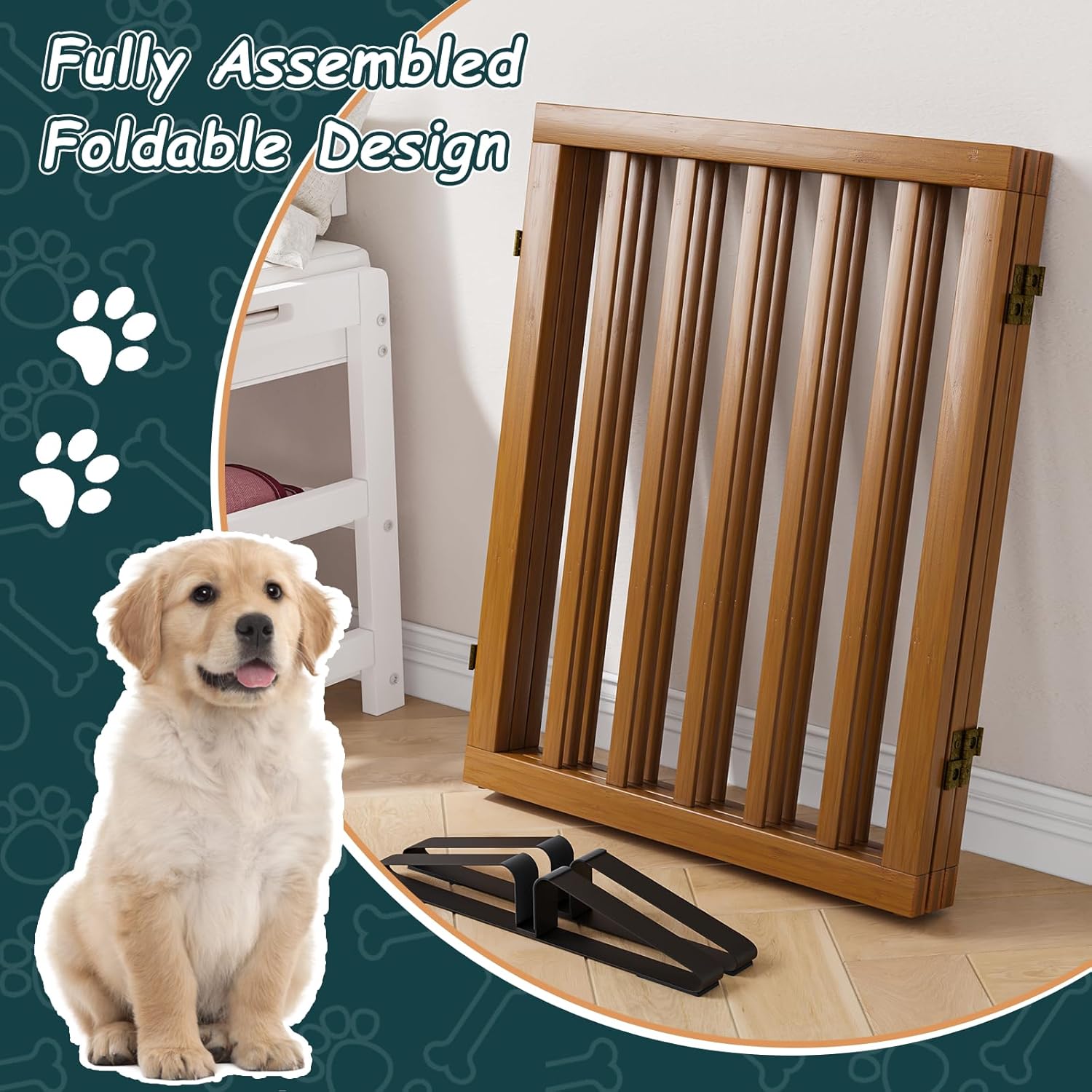Semiocthome Freestanding Dog Gate 24“Tall, Walnut Foldable Dog Gates for Doorways Stairs Indoor, Wooden 3 Panels Pet Gates for Dogs with 2 Metals Stands, Fully Assembled Door Gates Fences