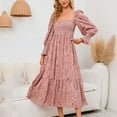 thumbnail image 4 of Pink Dresses for Women Puff Long Sleeve Printing Floral Pattern Holiday Dress Square Neck Fit And Flare Trendy Vacation Casual Sun Dress Maxi Fashion Daily A-Line Blouse Pleated Swing Hem Dress,M, 4 of 7