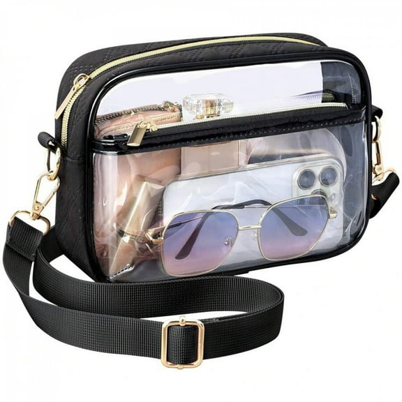 Clear Crossbody Bag,Large Shoulder Bag For Stadium Events,Stadium Approved Clear Purses for Women with Adjustable Strap,Black