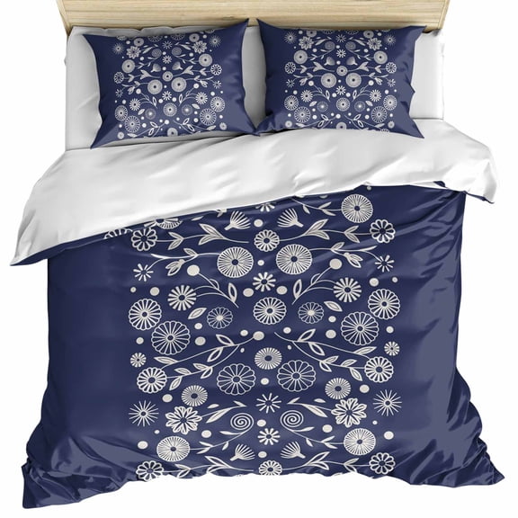Japanese Bedding 3 Piece Duvet Cover Set Twin Size, Navy Blue Country Flowers Leaves Aesthetic Soft Microfiber Comforter Cover with Zipper Closure & Pillowcases, Wrinkle & FadeResistant Quilt Cover