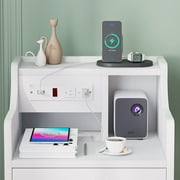 Afuhokles Nightstand with Charging Station, Night Stand End Table with Hutch and Storage Drawers, White