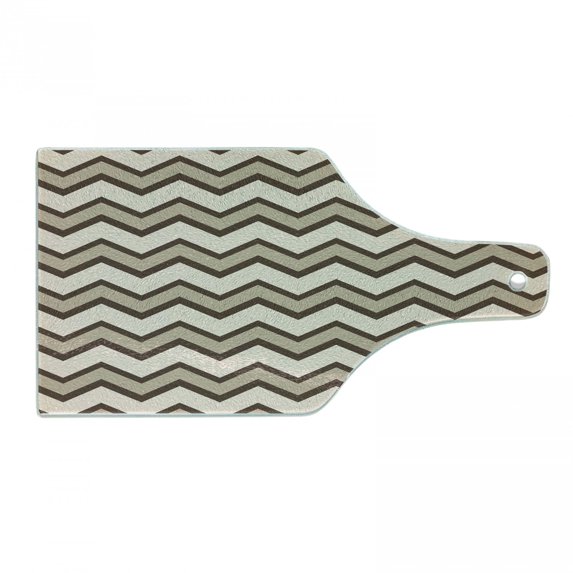 Tan Cutting Board, Classic and Chevron Zigzag Pattern Waves Geometric Retro Style Tiling, Decorative Tempered Glass Cutting and Serving Board, Wine Bottle Shape, Brown and Tan, by Ambesonne