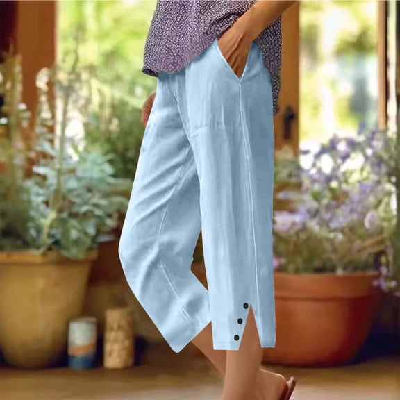 Yotami Elastic Waist Cropped Pants Women with Pocket Cotton Linen Loose Capri Pants Straight Leg Solid Color Casual Capris, Light Blue XXL