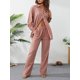 thumbnail image 4 of VISgogo Conjunto de trajes casuales para mujer, camisa de manga larga con cuello de solapa de color sólido, pantalones de cintura elástica a juego VISgogo moda, 4 of 9