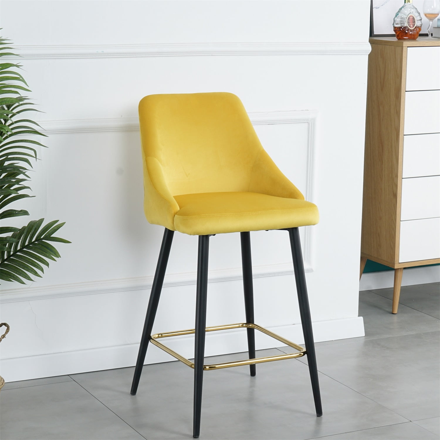 Kadyn Upholstered High Bar Stool Chair Set of 2, Modern Foam Bar Stools with Gold Legs, Bar Dining Chair for Dining Room, Yellow