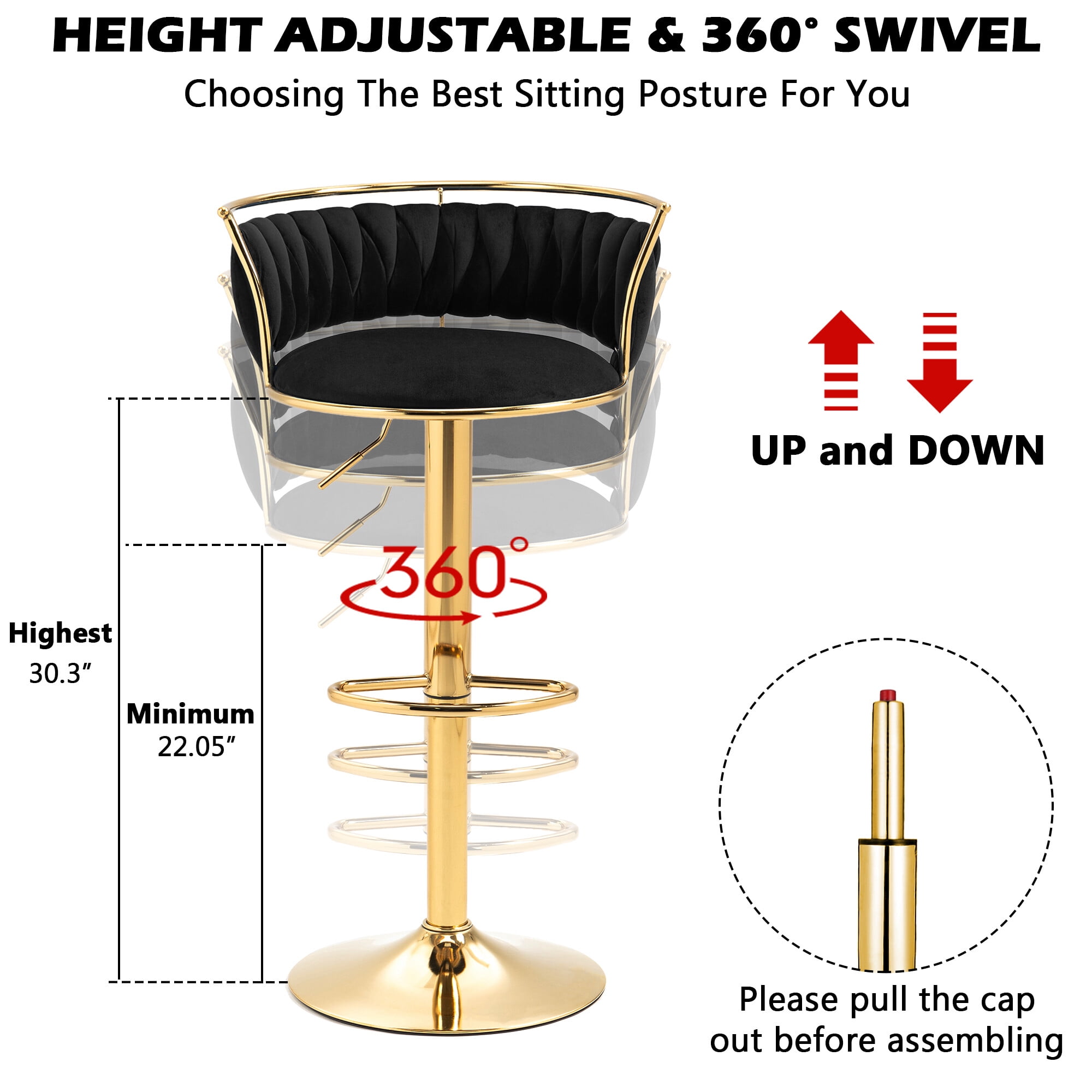 DREAMSIDEA Swivel Bar Stools Set of 4 Modern Velvet Upholstered High Back Adjustable Bar Chairs with Golden Footrest for Kitchen Counter Square Island, Black