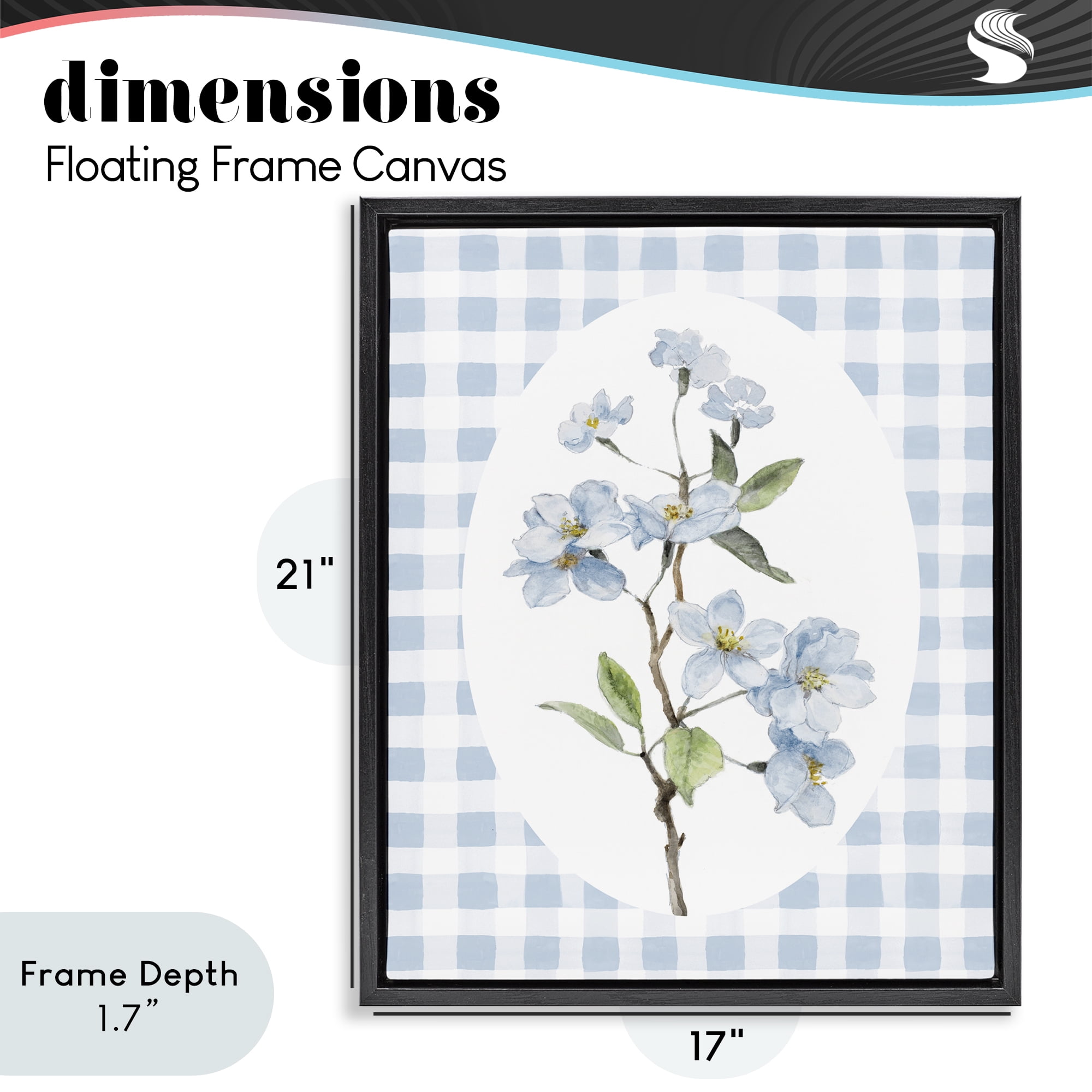 Stupell Industries Blooms on Blue Checkers Black Framed Floater Canvas Wall Art, design by Lanie Loreth