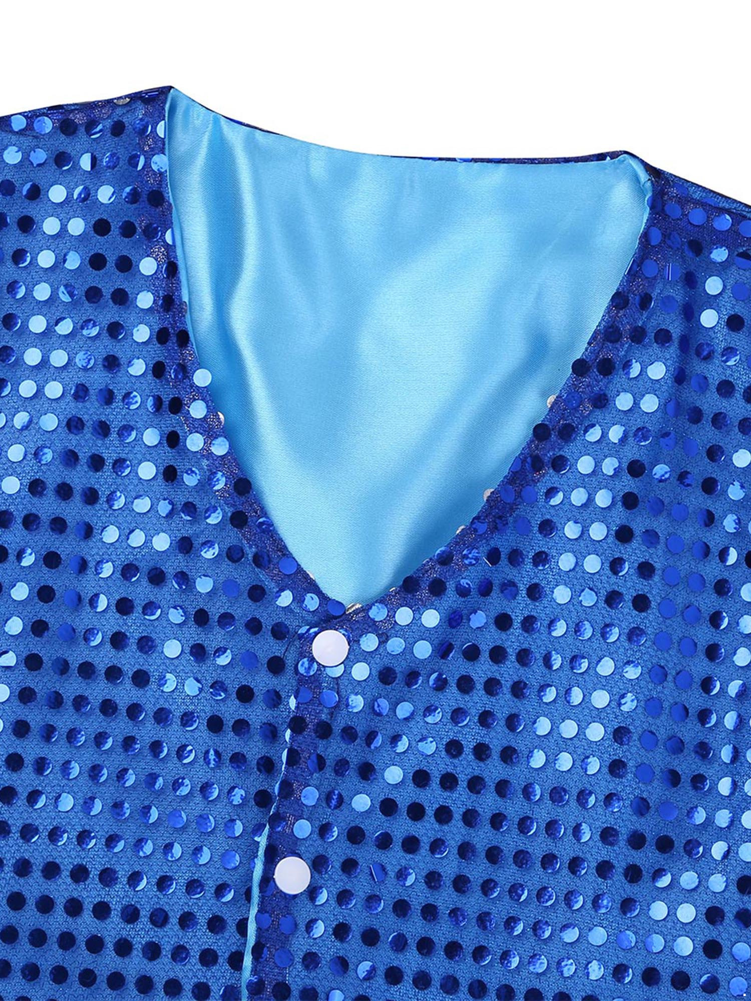IEFIEL Kids Boys Sparkle Sequins Button Down Vest with Hat Dance Outfit Set Hip Hop Jazz Stage Performance Costume Blue 7-8 - image 5 of 7