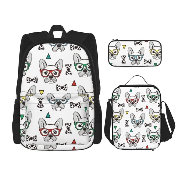 Easygdp Cute French Bulldog Mochila para Niños y Niñas con Set de Caja de Almuerzo y Estuche para Lápices 3 en 1, Mochila Escolar Estampada para Adolescentes