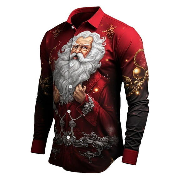 XDZJLR Christmas Shirts For Men Xmas Santa Printed Button Lapel Long Sleeve Shirt Top Polo Shirts For Men Black L