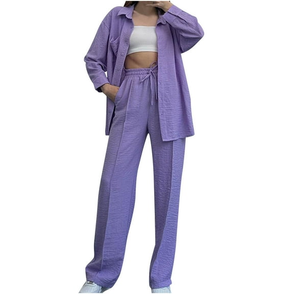 FAIWAD Women 2 Pieces Set Long Sleeve Button Down Lapel Shirt and Elastic High Waist Wide Leg Pants