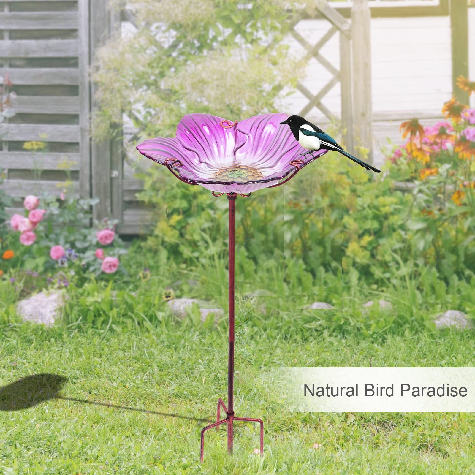 Glass Bird Bath, Outdoor Bird Feeders with Metal Stake, Pink Bird Bowls For Garden Yard Lawn