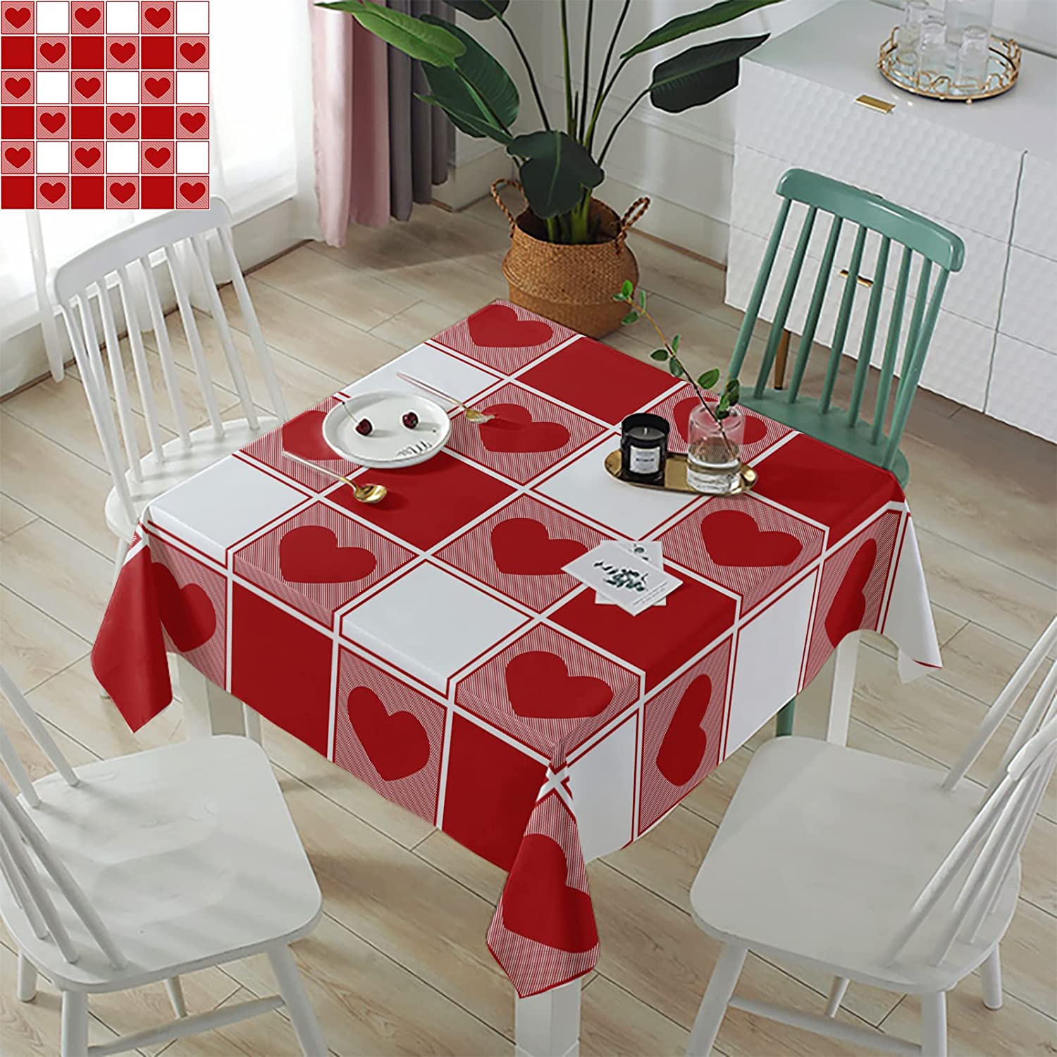 Square Valentine Tablecloth Waterproof & Stainproof Valentine Day Tablecloths,Red Love Heart