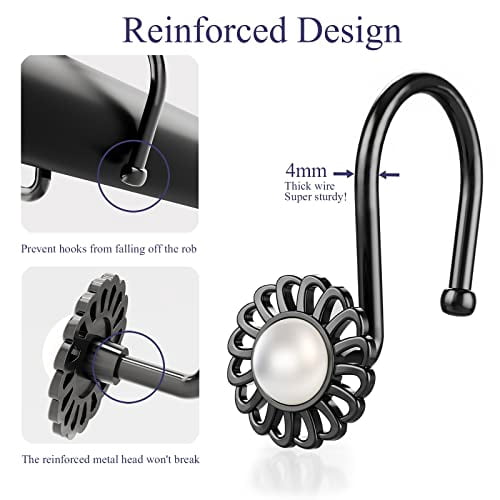 Floral Pearl Finish Shower Curtain Rings and Hooks Set, 12-Piece Matte Black Metal Rings with Hooks for Bathroom Decor