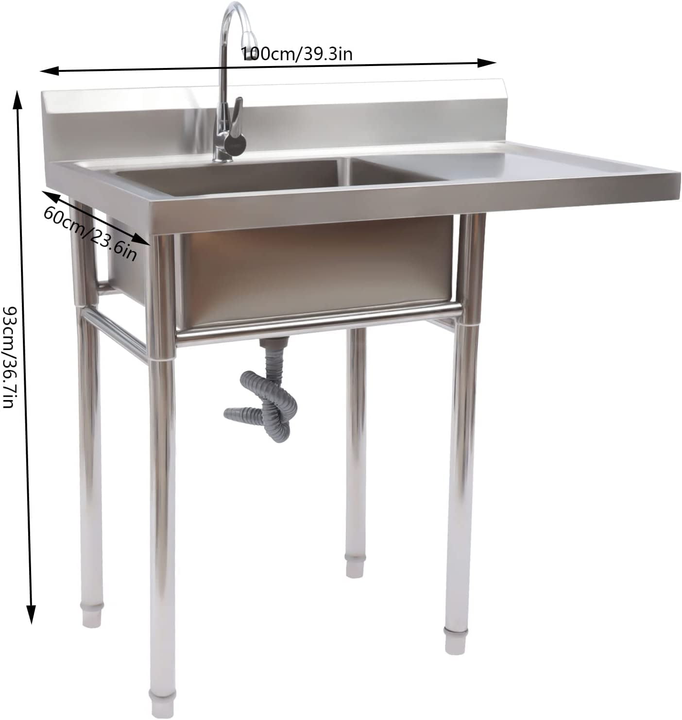 Miumaeov Stainless Steel Utility Sink with Backsplash,1 Compartment Workbench Sink Freestanding Commercial Kitchen Sink for Restaurant,Laundry Room,Garages