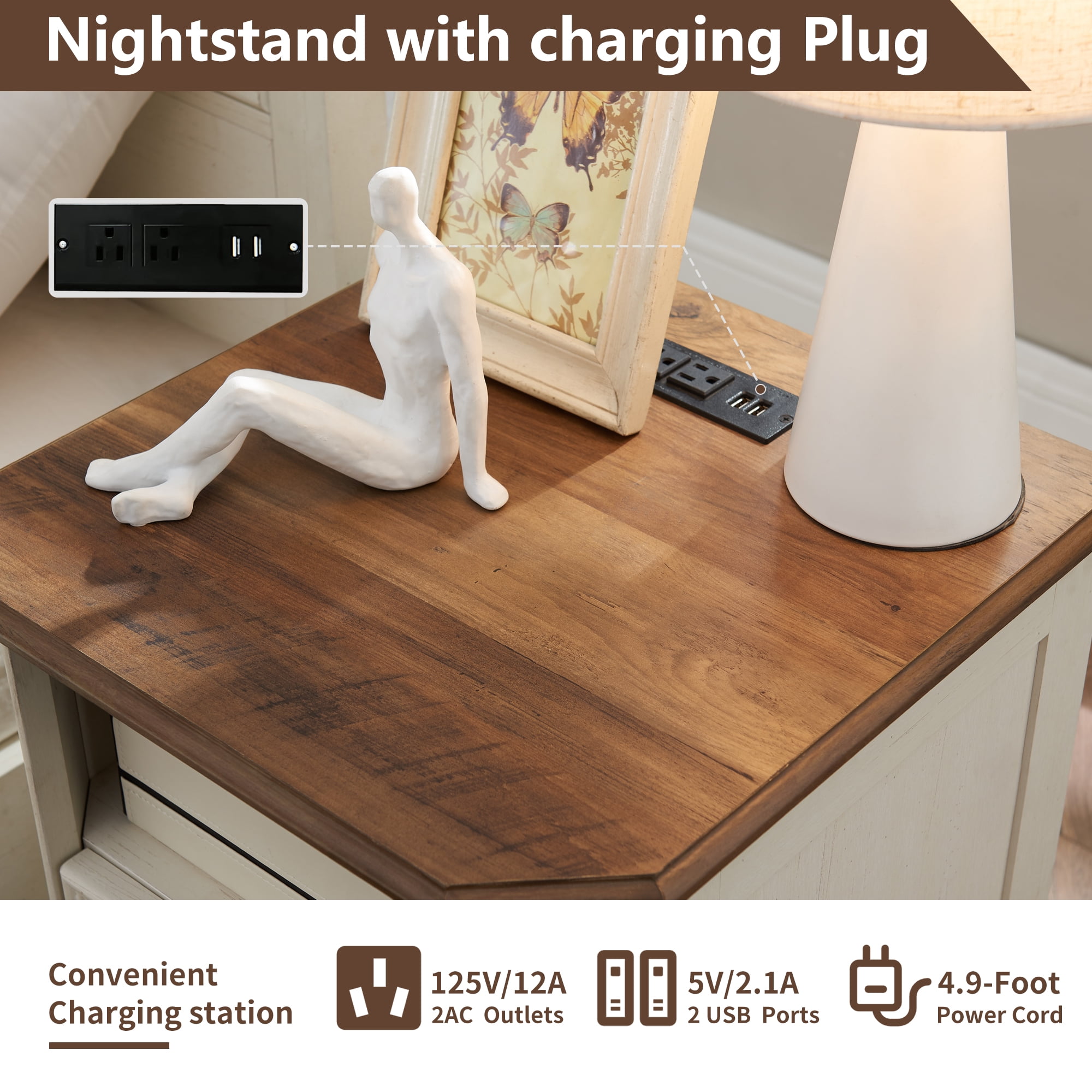 OKD Farmhouse Nightstand with Charging Station, End Table with 2 Drawers for Living Room, Side Table, Vintage White