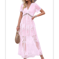 thumbnail image 3 of Women'S V Neck Short Sleeve Floral Lace Wedding Dress Bridesmaid Cocktail Party Maxi Dress Pink M, 3 of 7