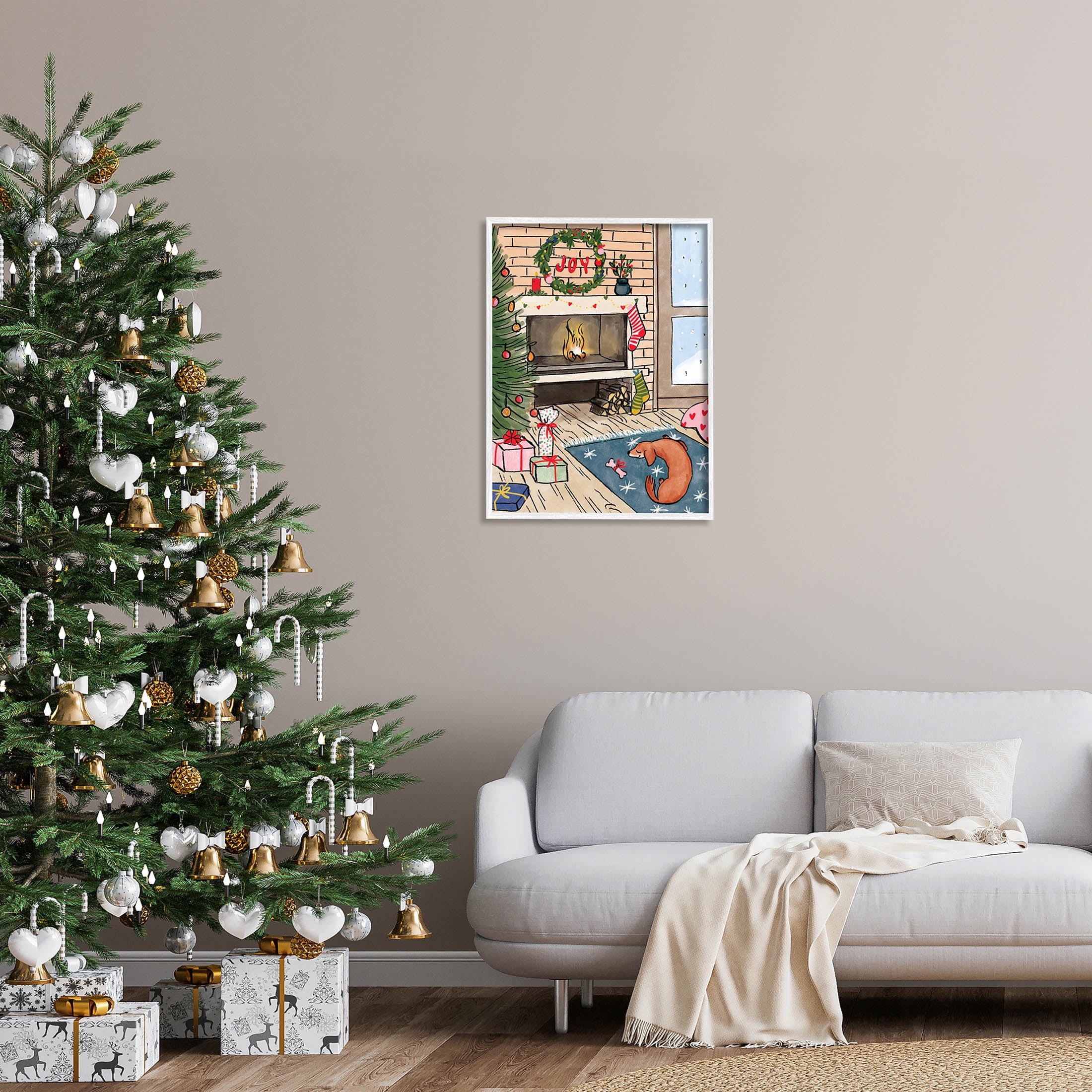 Cozy Christmas Fireplace Tree Holiday Graphic Art White Framed Art Print Wall Art