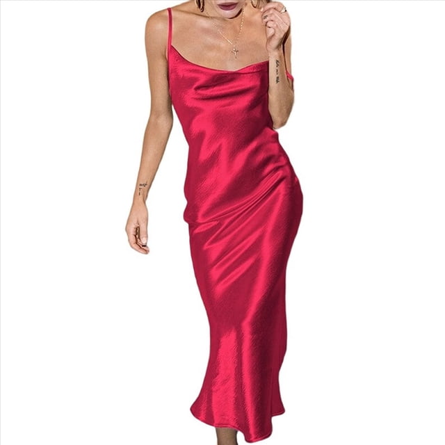 Vestido Midi de Satén y Seda con Tirantes Finos para Mujer, con Cuello Vuelto, para Fiesta, Cóctel o Noche. Vino Tinto L