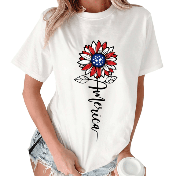 Giffimy Women's America Sunflower USA Flag Graphic Short Sleeve T-Shirt White S-5XL Relaxed Fit Cotton Top